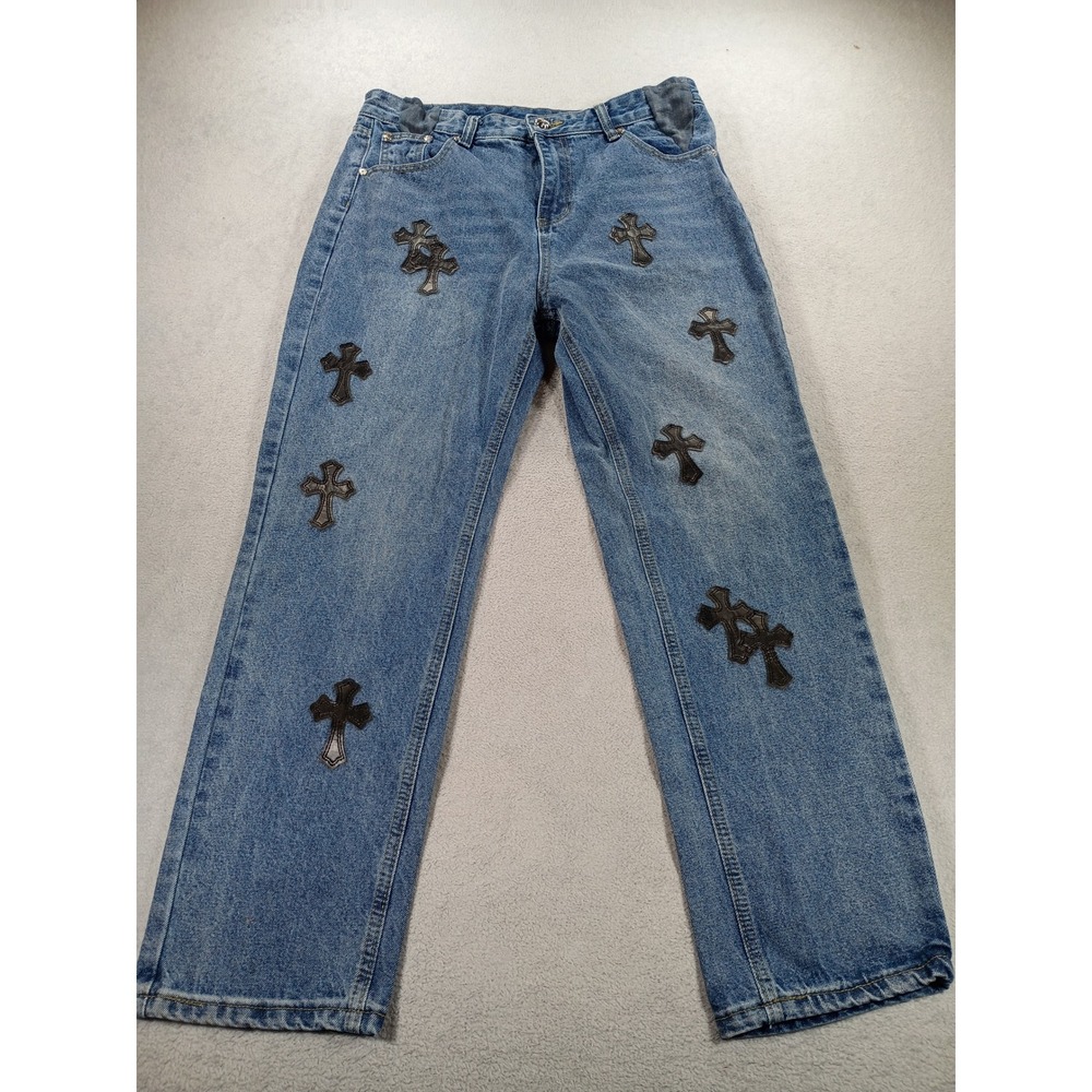 Chrome Hearts Style Mens Jeans Blue 32 Leather Cross Patches Streetwear